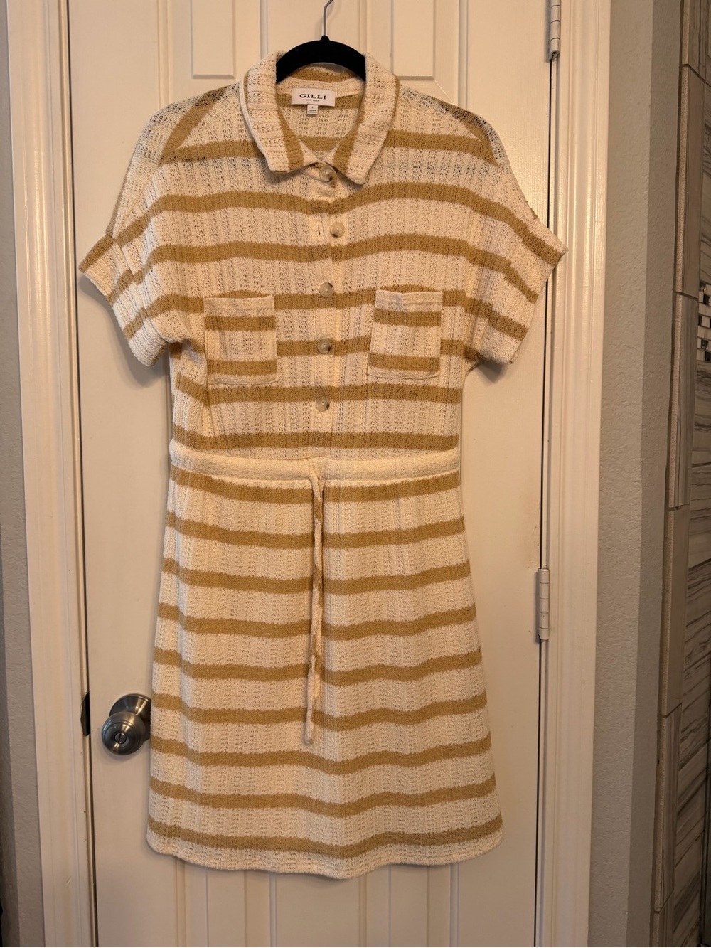 Gilli Cream and Tan Striped Knit Polo Dress with skirt lining